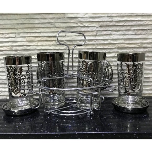 VTG Kimiko Guardian Knight Silver Cocktail Set Of 4 Glasses + Coasters Caddy. - Picture 10 of 10